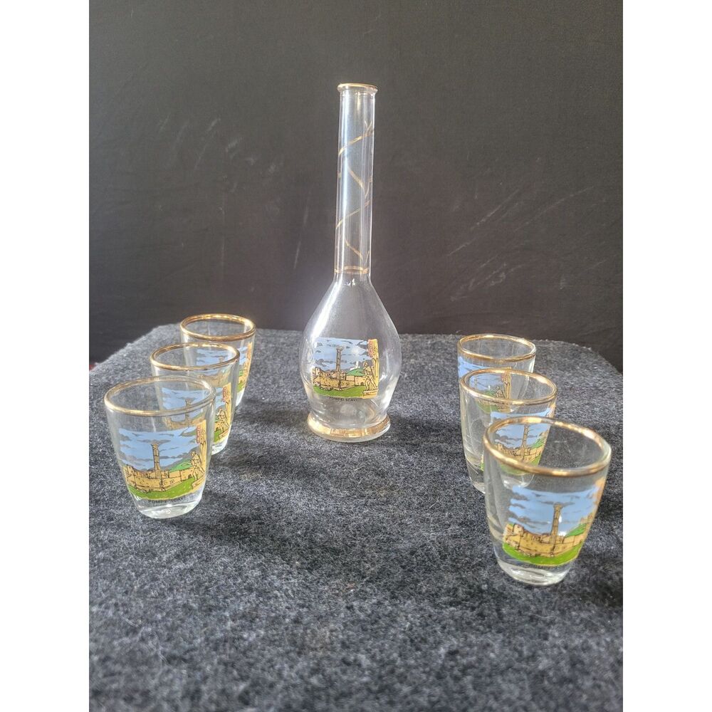 Rare Vintage Italian Pompei Scavi Gilded Glass bottle and 6 shot glasses